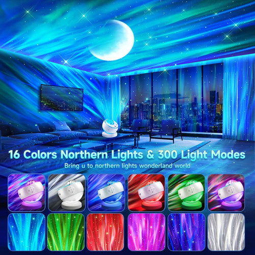 Northern Lights Projector Galaxy Projector with 300+ Light Effects Sound Machine, LED Star Projector Aurora Light, Remote Control, 15 White Noises Bluetooth Speaker Birthday Gifts for Kids Room Decor